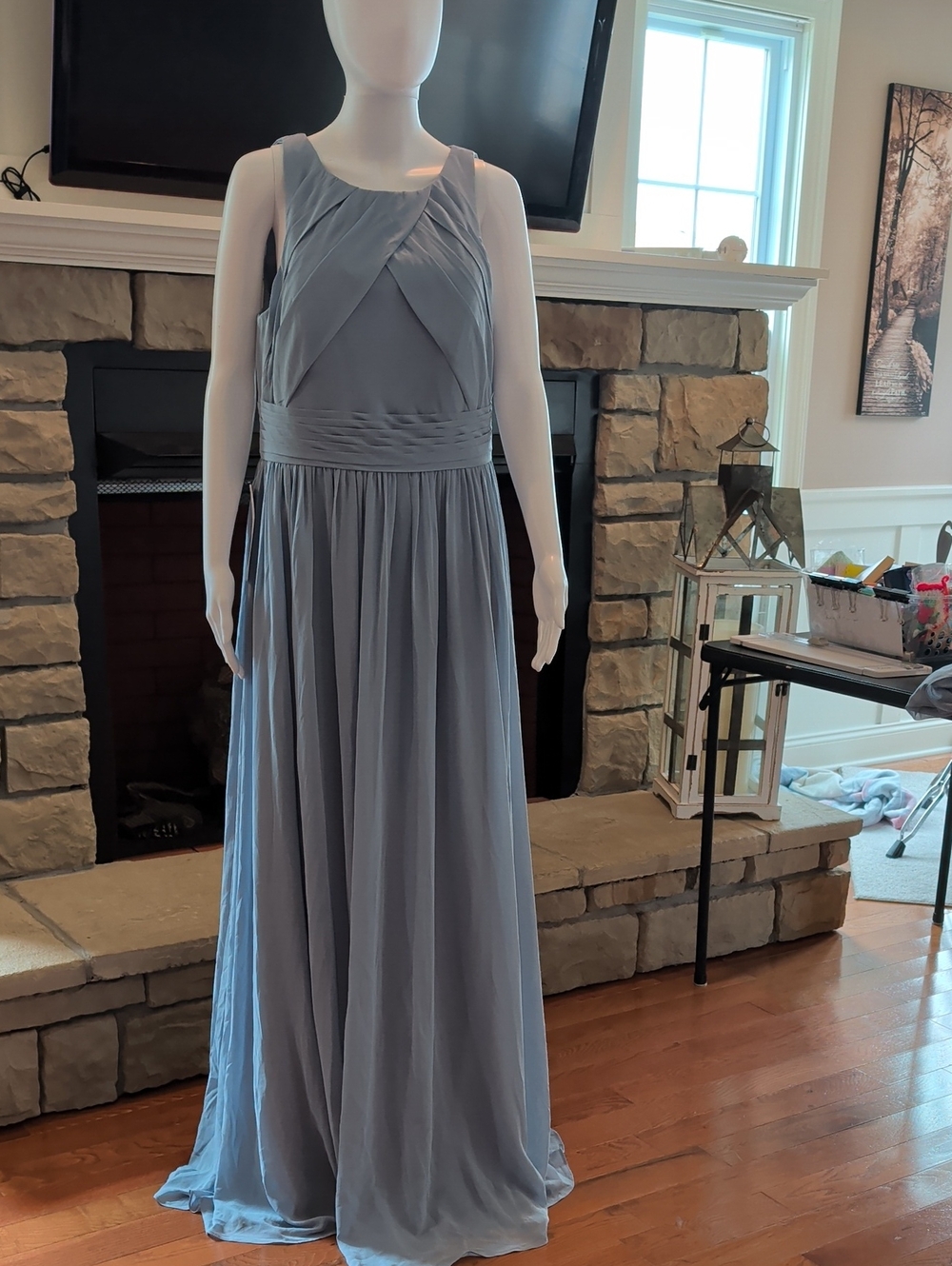 Dusty Blue A Line Pleated Chiffon Dress